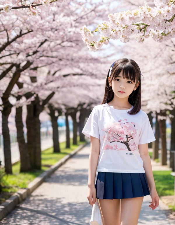 8K,masterpiece,Japanese, girl,from the front,Innocent face,calm eyes,Childish,T-shirt,short sleeve,short skirt,semi-long,noon,bright,Cherry blossom trees