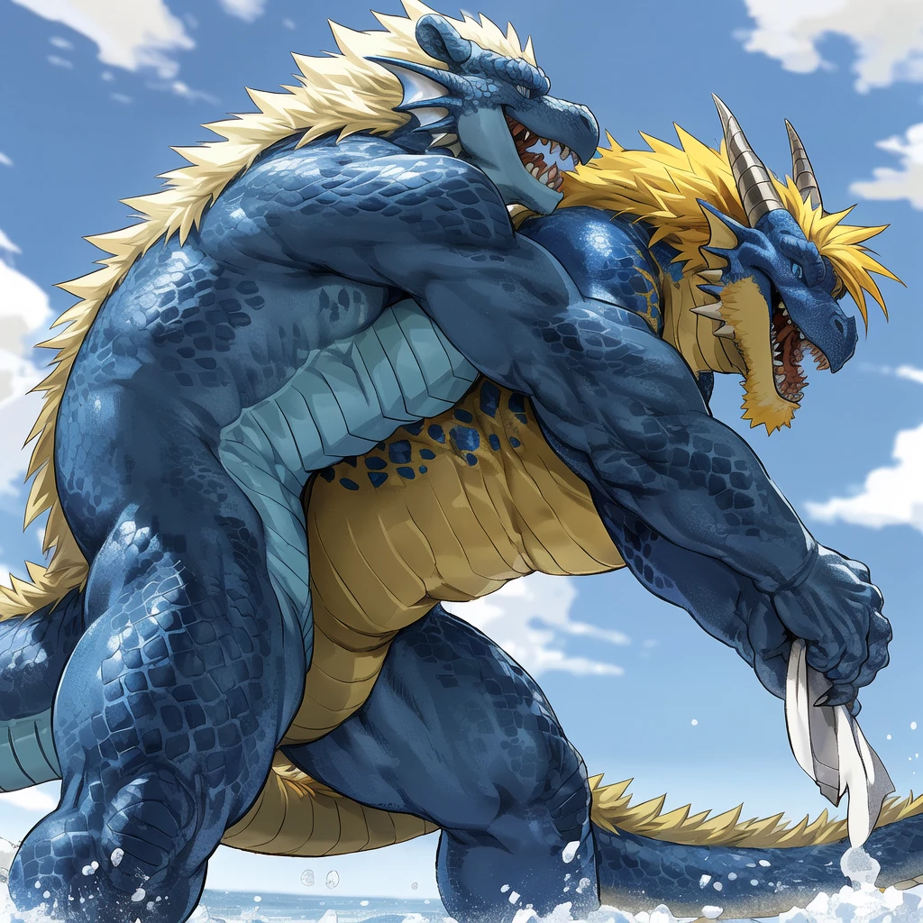 duo: ( polar well built polar bear standing spread legs merging skin ) , floating ( coming from hehind , blue eyes dragon , dark blue and azure scales and white belly, yellow crest hair , skinny well built , profile, fulfilled face, kemono , high quality , by rossciaco )