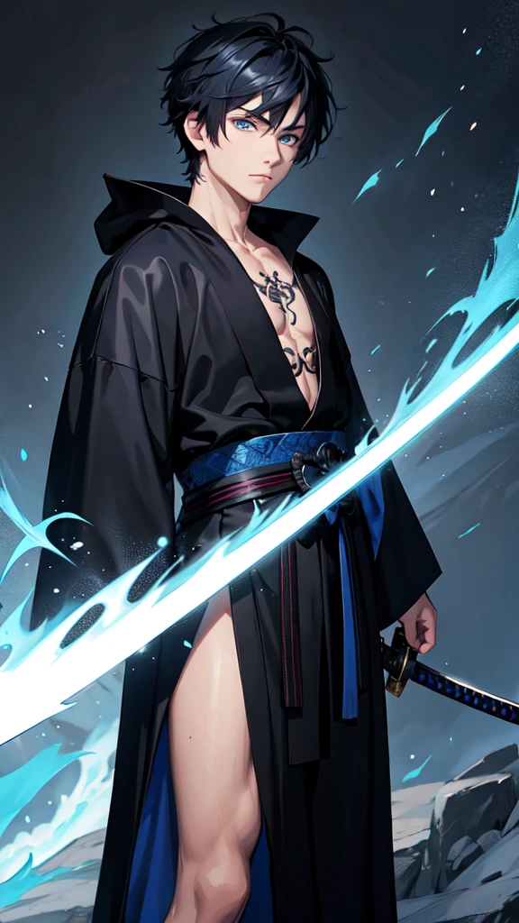 1 boy, short hair, black robe, dragon, blue eyes, blue tattoo, Samurai sword,