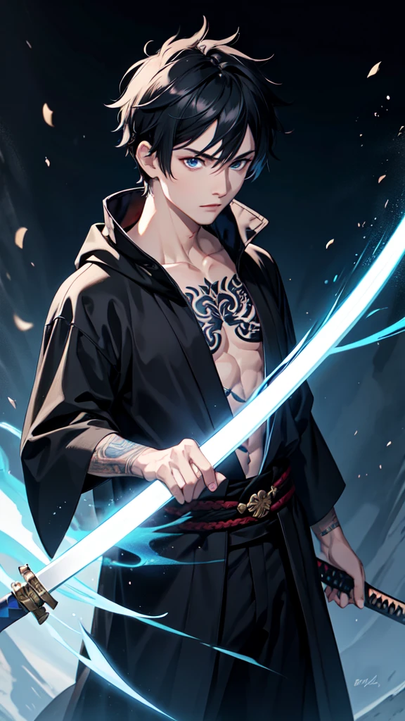 1 boy, short hair, black robe, dragon, blue eyes, blue tattoo, Samurai sword,