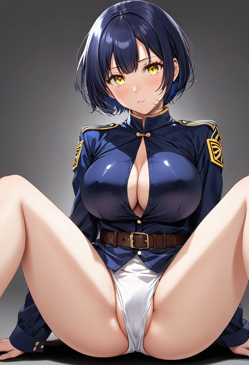 whole body, shiny navy hair,short hair, Parted bangs, Yellow Eyes, Large Breasts, Simple Background, Large Breasts, (Spread your legs),(rape,rape),Intense penetration sex,Creampie Sex,Captive of Pleasure,