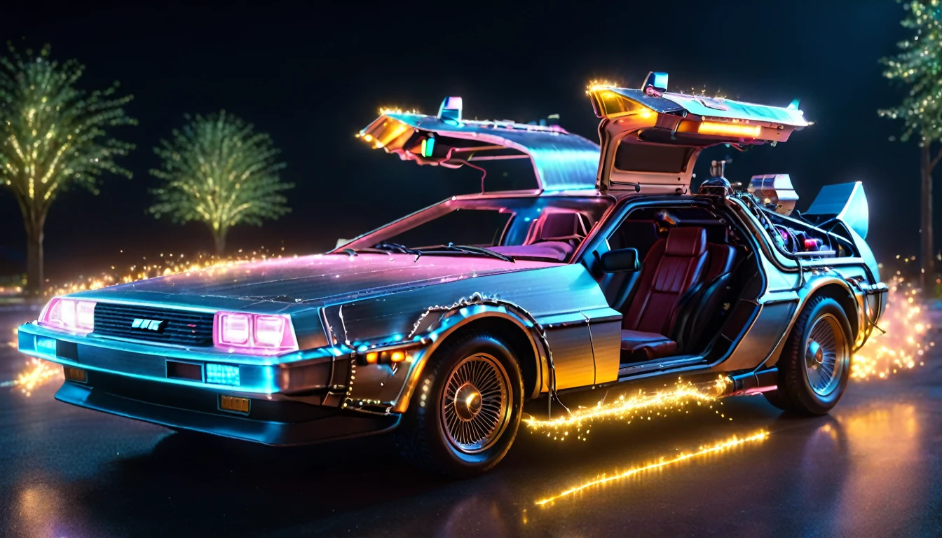 back to the future,timemachine,very fine details,Shiny body,((flying)),neon,Very fine LED particles,A body covered in light particles,Concentrated line,radiation,8K,RAW Photos,Highest quality,masterpiece,reality,Very detailed,bfdlrn,thunder,dazzling,