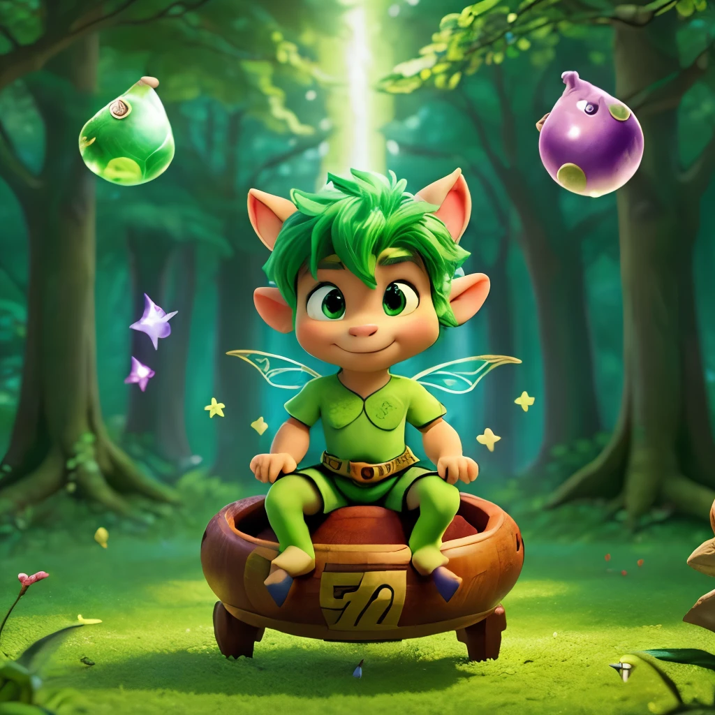 Highest quality、Forest Fairy、Big Ears、((A cute beast boy using magic))、((Using magic))、((He flies through the air and floats in the air:1.3))、Draw a magic square、Green Hair