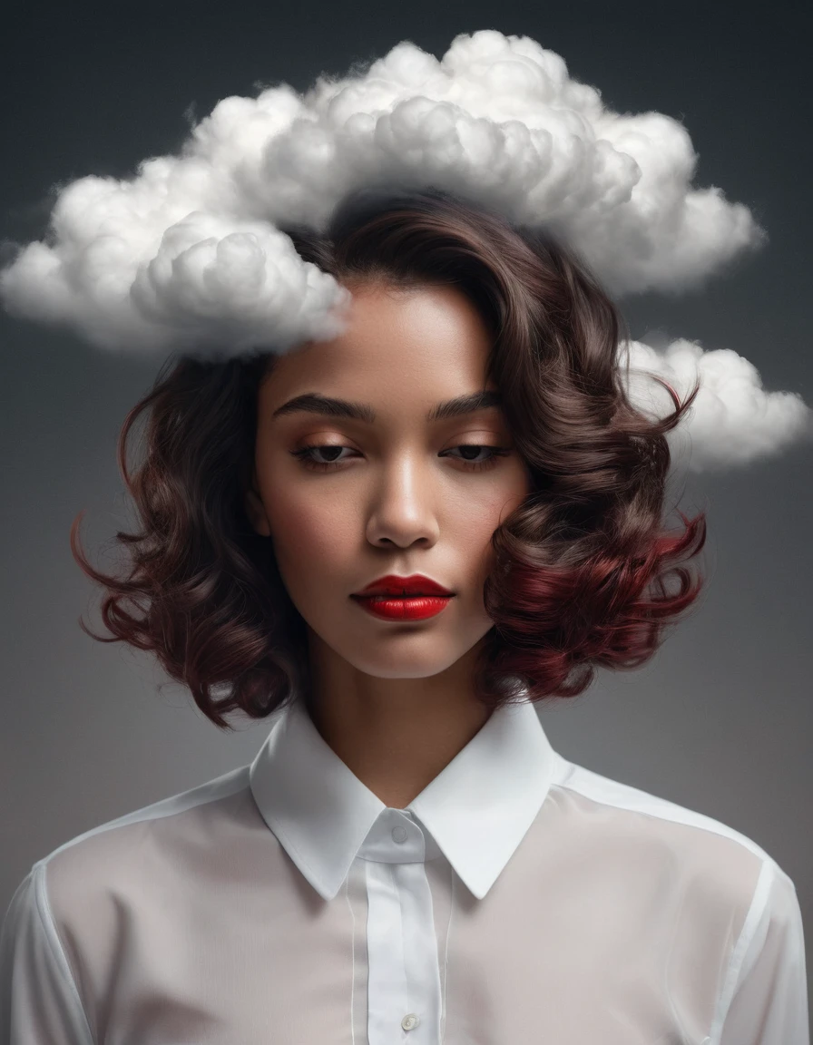 "Hyper-realistic, ultra-detailed, ultra-HD artwork with 3D perspective, illusions of depth and dimensionality, vertical aspect ratio. A portrait of a woman with a surreal twist. She wears a white collared shirt, and her face is partially obscured by a dense cloud covering her eyes and nose. Her hair is styled in a short bob, dark brown with slight curls. Her lips are painted vivid red, contrasting with the muted tones of her skin and clothing. The background is a soft gray gradient, enhancing focus on the central figure. Soft, even lighting highlights her smooth skin and the fluffy, ethereal cloud. The composition is centered and symmetrical, creating a calm yet thought-provoking atmosphere