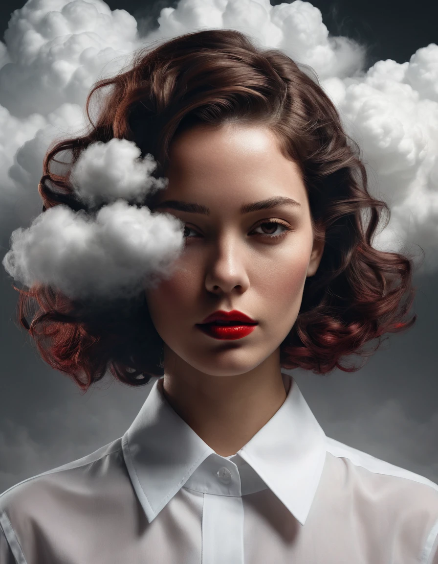 "Hyper-realistic, ultra-detailed, ultra-HD artwork with 3D perspective, illusions of depth and dimensionality, vertical aspect ratio. A portrait of a woman with a surreal twist. She wears a white collared shirt, and her face is partially obscured by a dense cloud covering her eyes and nose. Her hair is styled in a short bob, dark brown with slight curls. Her lips are painted vivid red, contrasting with the muted tones of her skin and clothing. The background is a soft gray gradient, enhancing focus on the central figure. Soft, even lighting highlights her smooth skin and the fluffy, ethereal cloud. The composition is centered and symmetrical, creating a calm yet thought-provoking atmosphere
