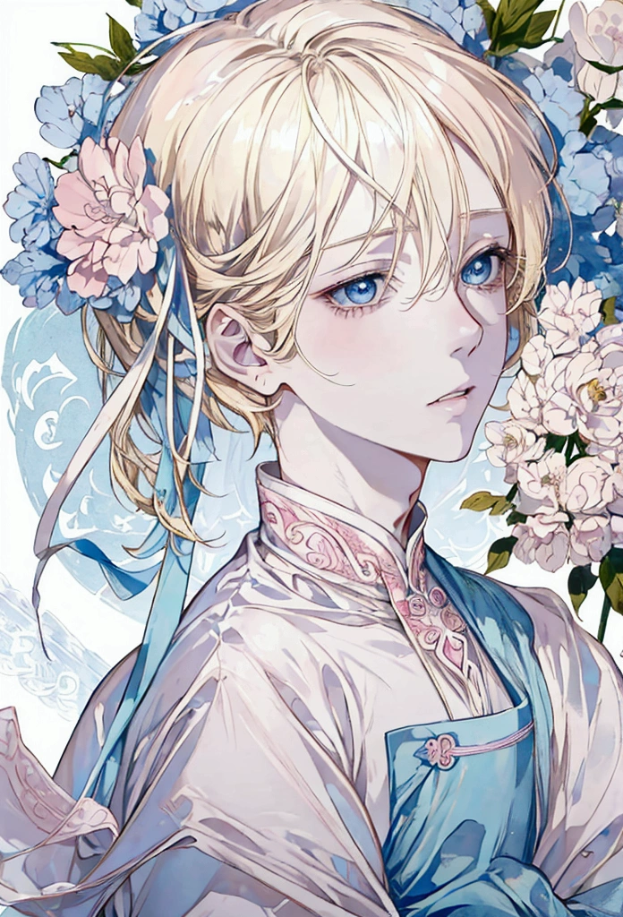 beautiful blonde hair boy, light blue eyes, White skin, delicate features of the face, pink lips , slim build, wide hips, White apron.