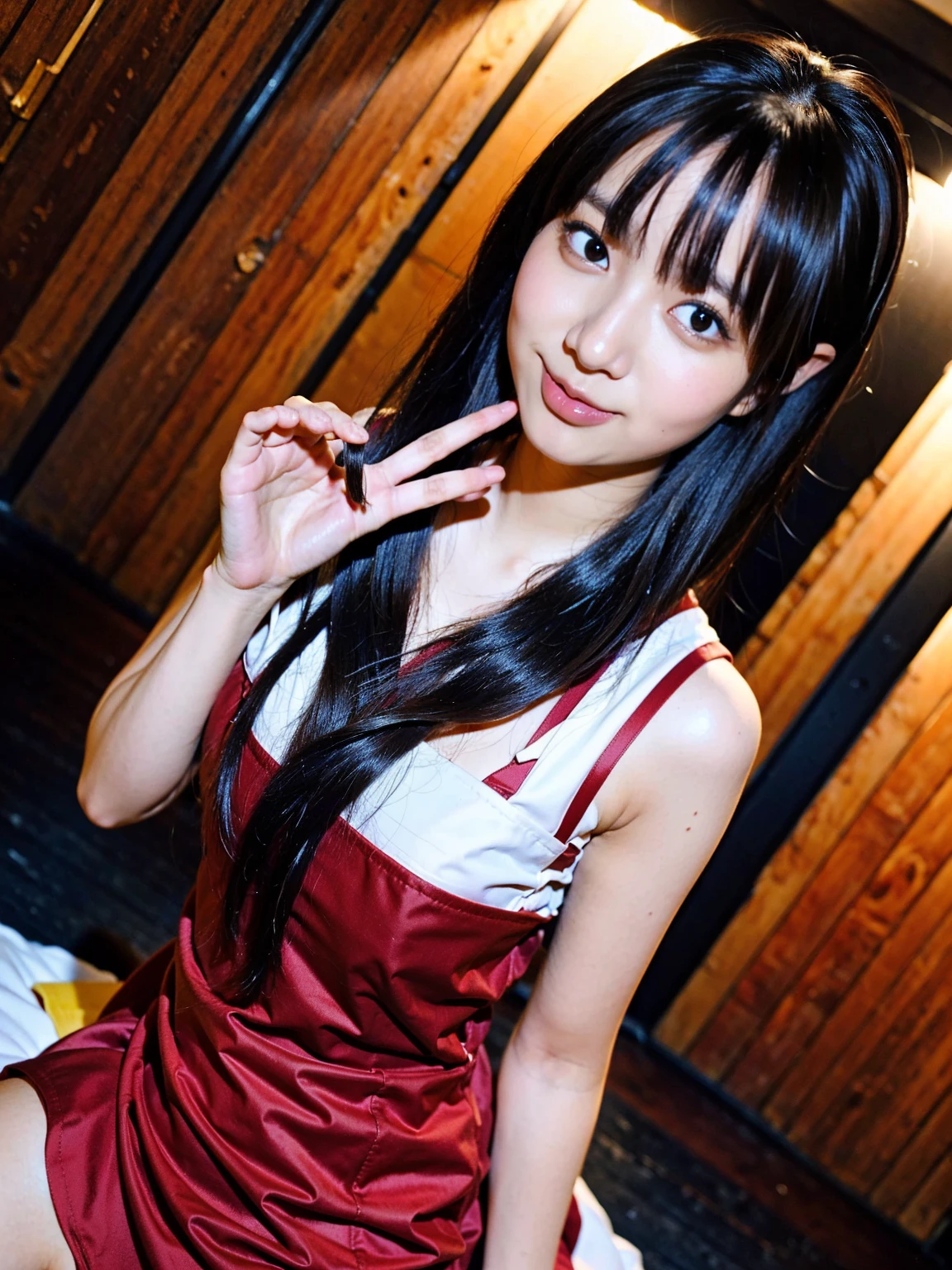(8K、RAW Photos、Highest quality、masterpiece:1.2)、(Realistic、Realistic)、1 Girl、((Red Lingerie、Very sexy lingerie、Too much exposure、Large Breasts、Bare Chest、garter belt、Ｏfeet、Touching the chest、Knead、smile、Medium Hair、View from the front、night、nightの寝室、 My uncle is standing behind me、Sweaty、The liquid splashed on the girl..))、Lots of eyelashes、Glowing eyelids、skeletally correct、A fat man stands behind
