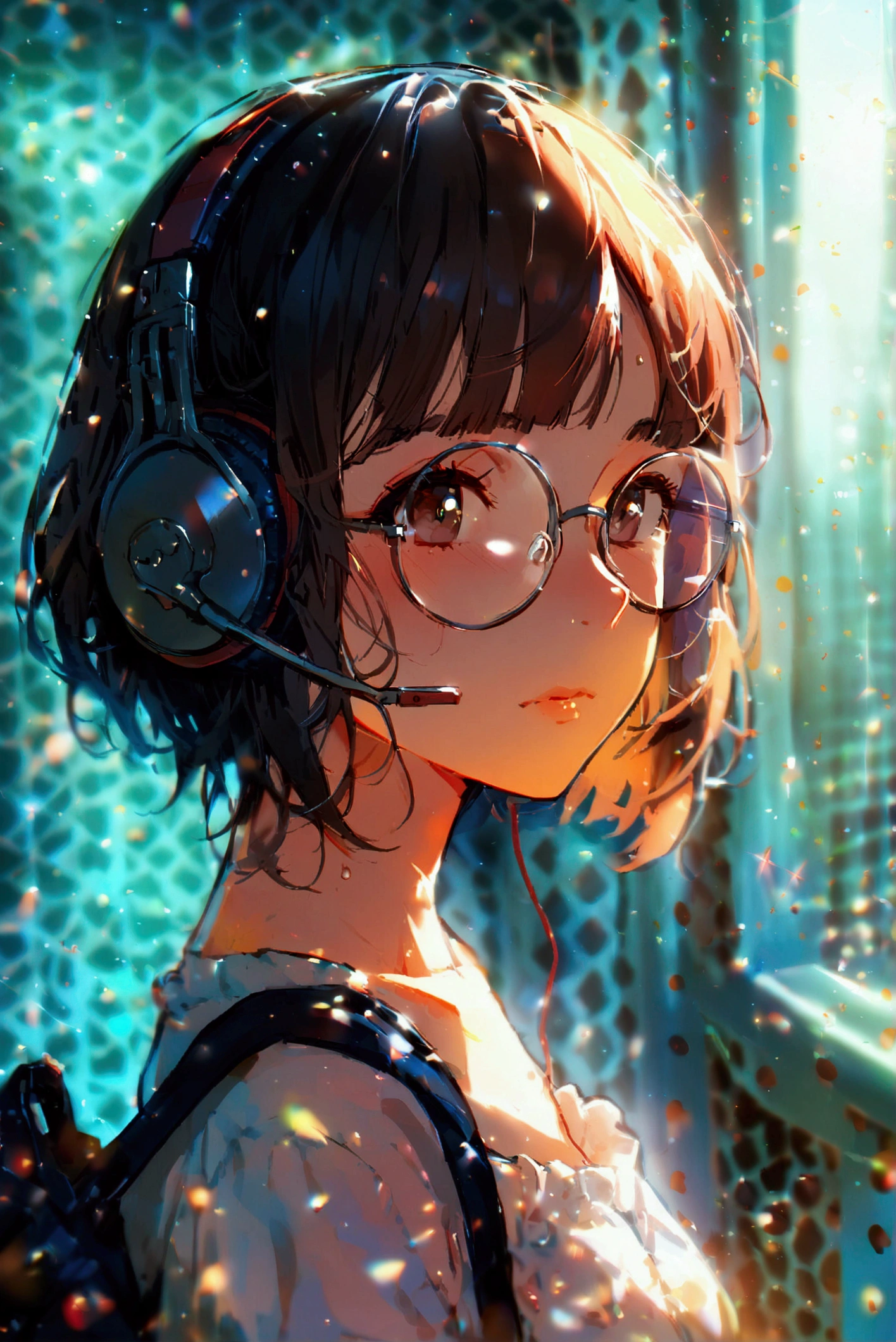 (extremely detailed fine touch:1.3), 1 girl, (((semi-rimless round eyewear:1.3))), (headphone:1.2), short hair, blunt bangs, 1 girl, Hanako of the Toilet