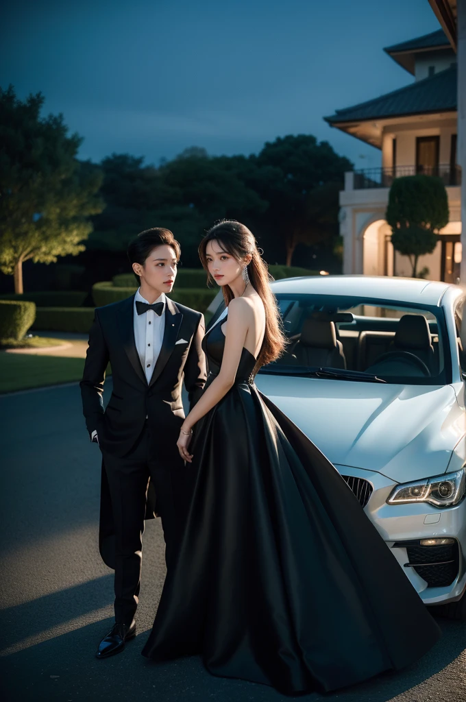 arafed couple standing in front of a car, formal attire, wearing a formal dress, luxury lifestyle, wearing an evening gown, high - end fashion photoshoot, formal wear, wearing fantasy formal clothing, luxury dress, wearing an elegant dress, luxurious wedding, & jeehyung lee & wlop, elegant evening gowns!, environmental shot, evening formal robes