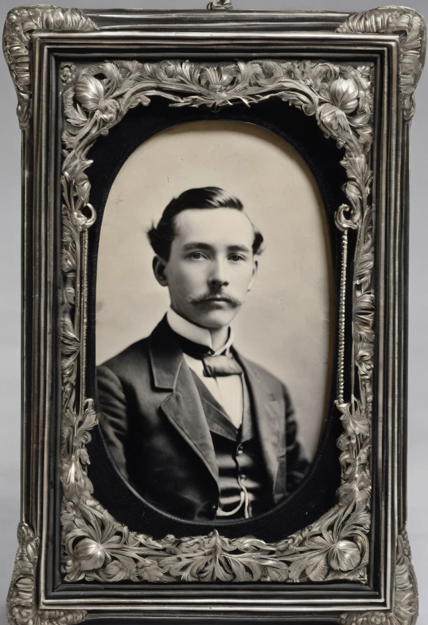 a silver locke with a picture of a man and a woman in it, a black and white photo, flickr, folk art, intricate details in the frames,  as a boy, face in focus 1 8 9 0's liminal, henry dorsett case
