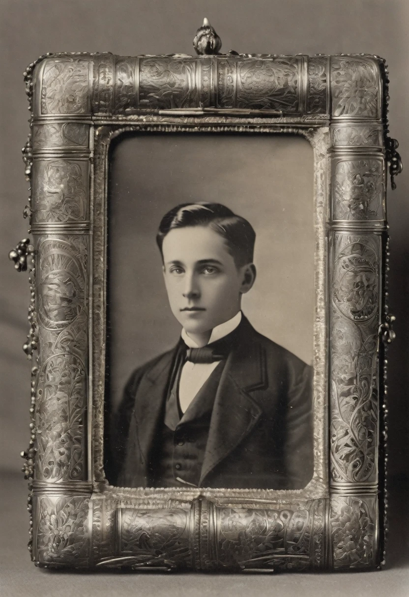 a silver locke with a picture of a man and a woman in it, a black and white photo, flickr, folk art, intricate details in the frames, as a boy, face in focus 1 8 9 0's liminal, henry dorsett case