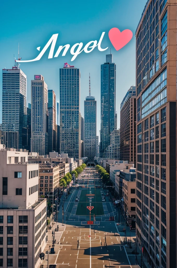 a cityscape with a volleyball mural in the background and a heart with the name "Angels" Spotlight