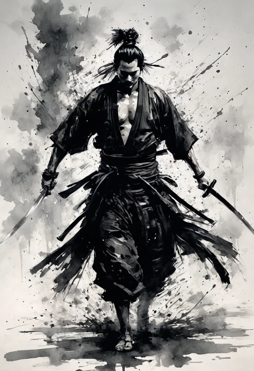 Ink painting,1color,whole body,smile,Johnny Depp,Medium Hair,Samurai,Black kimono,(haori),(Intense sword fighting scene with outstretched arms),Drawing strokes drawn with rot ring 0,Dynamic movement and powerful brushstrokes、splash,