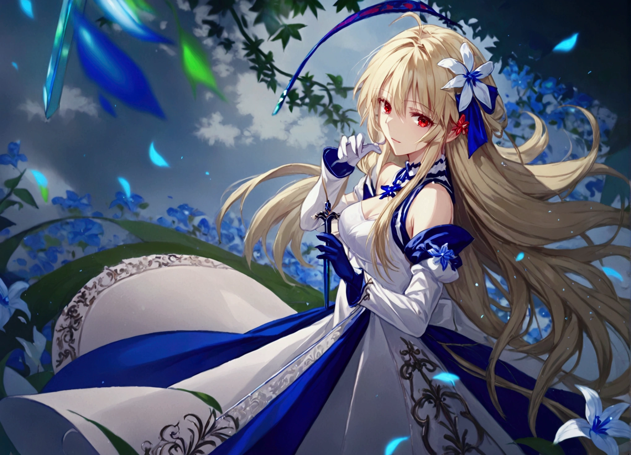 a picture of this illustration of a sword wielding fair lady is on a flower covered background, 1girl, blonde hair, flower, hair ornament, solo, hair flower, dress, long hair, gloves, red eyes, arcueid brunestud, very long hair, white dress, looking at viewer, arcueid