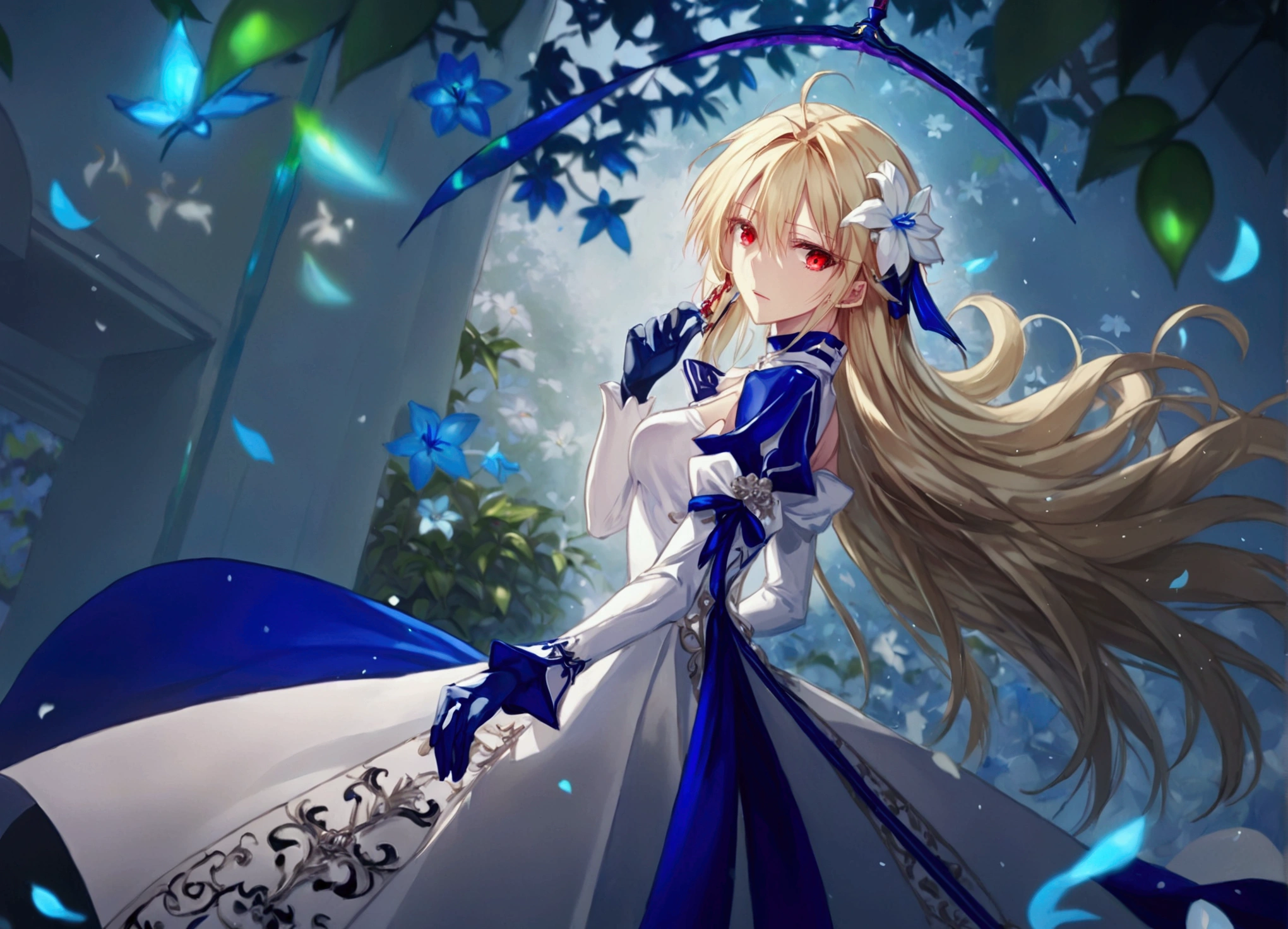 a picture of this illustration of a sword wielding fair lady is on a flower covered background, 1girl, blonde hair, flower, hair ornament, solo, hair flower, dress, long hair, gloves, red eyes, arcueid brunestud, very long hair, white dress, looking at viewer, arcueid