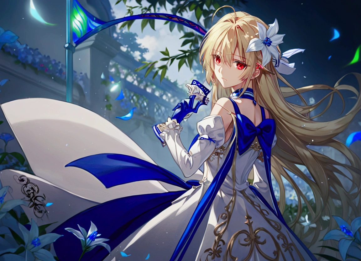 a picture of this illustration of a sword wielding fair lady is on a flower covered background, 1girl, blonde hair, flower, hair ornament, solo, hair flower, dress, long hair, gloves, red eyes, arcueid brunestud, very long hair, white dress, looking at viewer, arcueid