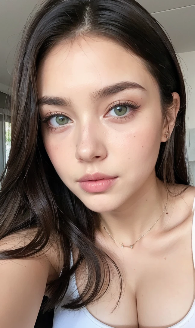 afed Woman wearing a white tank top and a necklace, Sexy girl with green eyes, tanned skin, Portrait Sophie Mudd, brown hair and large eyes, selfie of a young woman, bedroom eyes, Violet Myers, without makeup, Natural makeup, staring directly into camera, cara con artgram, subtle makeup, Impresionante foto de whole body, piercing green eyes, beautiful angle, attractive pose, Cute , only face pose, whole body, brunette goddess, High detail, Satisfied pose, hiper realistic face