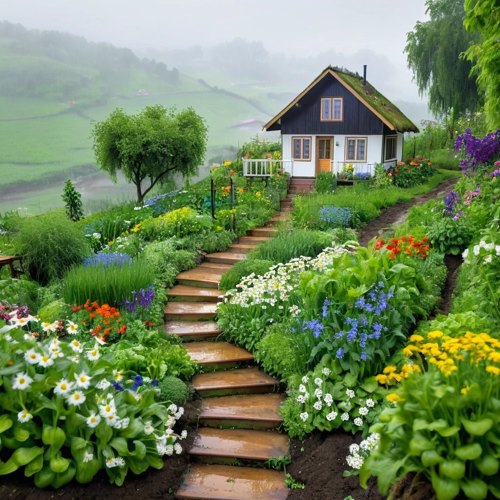 view from far, cottage, the sacred symbol of nature, A straw house on the hill (stilt house), garden around the house with vegetables, A pathway to the house with many flowers, white daisys, violets, bluebottles. In front of the house is a valley with vegetables. scenery, a rainy day