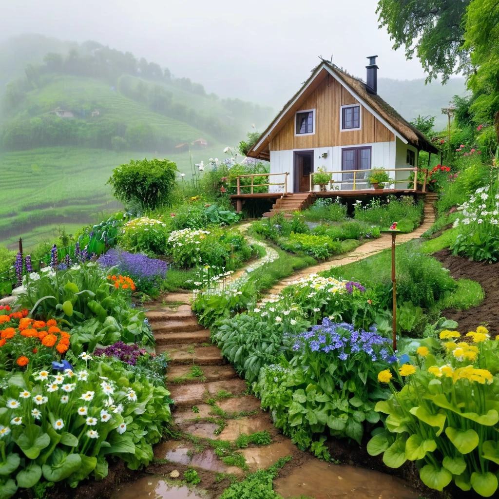 view from far, cottage, the sacred symbol of nature, A straw house on the hill (stilt house), garden around the house with vegetables, A pathway to the house with many flowers, white daisys, violets, bluebottles. In front of the house is a valley with vegetables. scenery, a rainy day
