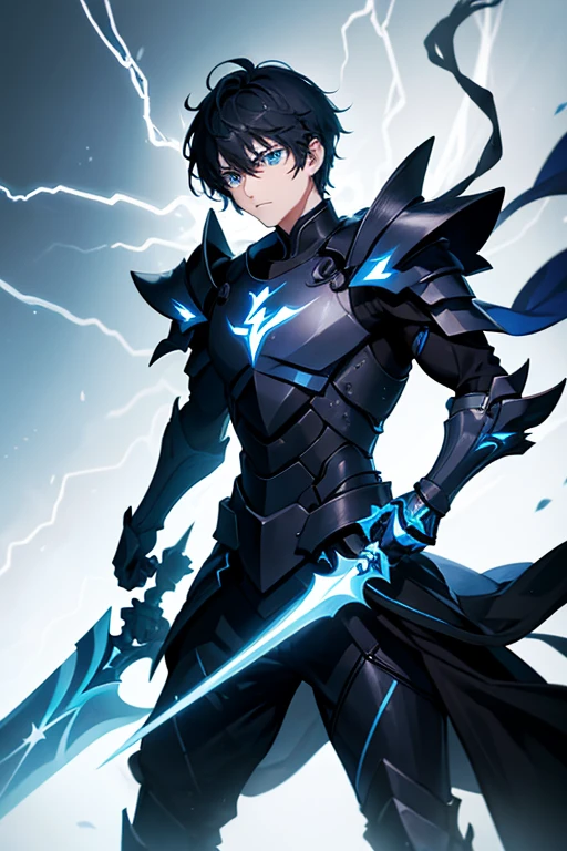 1 knight boy with black armor and sword with blue glowing lines with lightning bolts around him