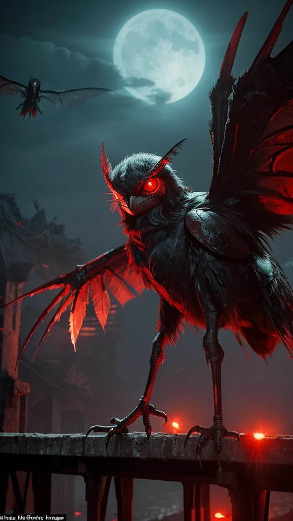 Perched on a crumbling bridge, the Mothman stares with its large, glowing red eyes. Its dark, feathered wings stretch out behind it, casting an ominous shadow. The air around it seems to vibrate with an otherworldly energy, and its gaze penetrates the soul of anyone who dares to look into its eyes