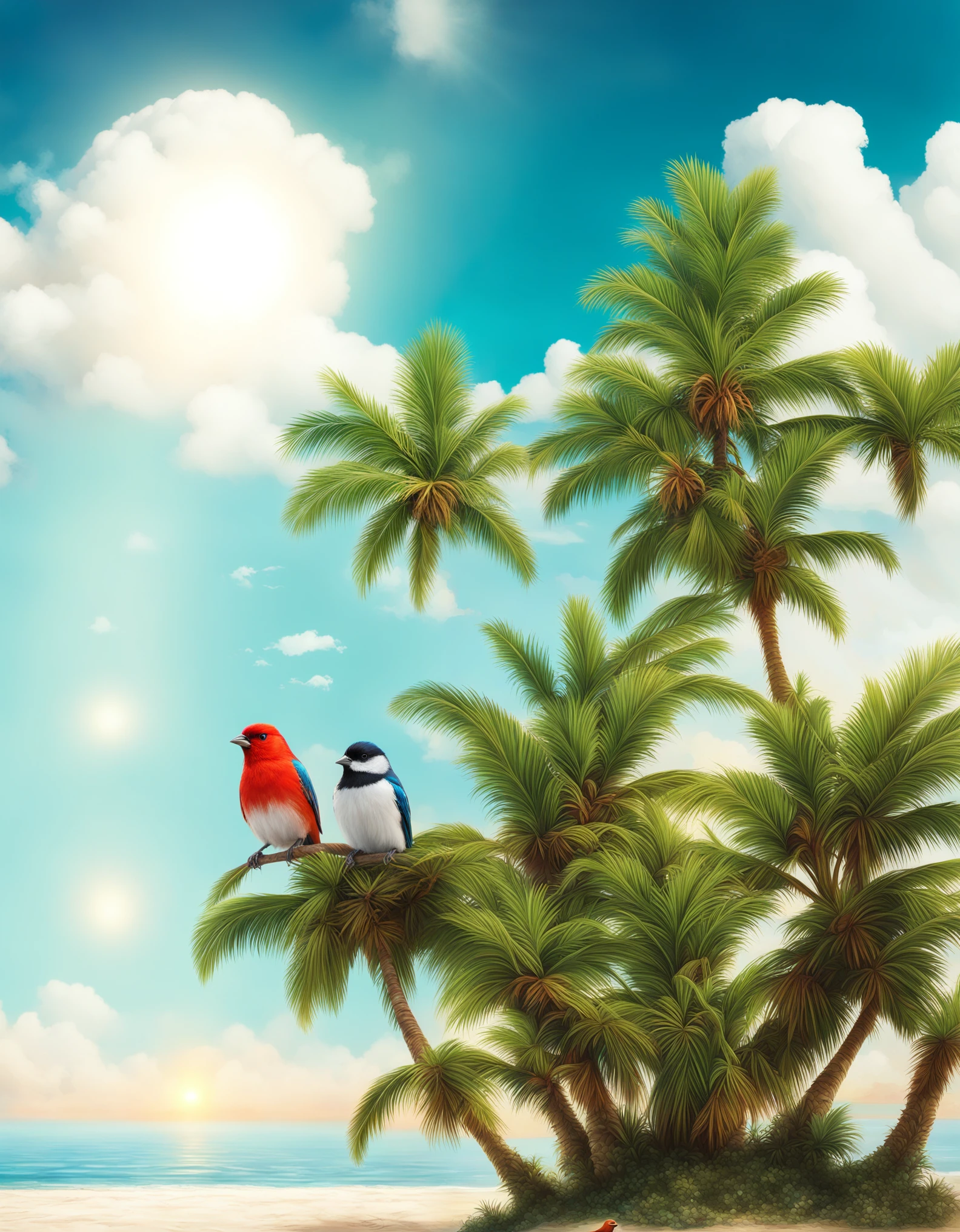 movie poster, portrait photo Style (Bird:1.3) (beautiful majestic bird:1.4) sitting on a tree, desert island background, palm trees, beach, fluffy clouds in the sky, outrun, vaporware, trending on artstation, highly detailed, fine detail, intricate, (lens flare:0.9), (backlighting:0.9), (bloom:0.9), [Style-Micro::20], plants in foregroundmovie poster, portrait photo Style (Bird:1.3) (beautiful majestic bird:1.4) sitting on a tree, desert island background, palm trees, beach, fluffy clouds in the sky, outrun, vaporware, trending on artstation, highly detailed, fine detail, intricate, (lens flare:0.9), (backlighting:0.9), (bloom:0.9), [Style-Micro::20], plants in foreground