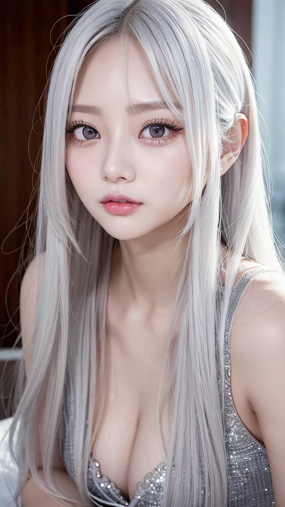 TWICE tzuyu, Korean beauty, silvery white hair, long hair, small face, fair skin, narrow eyes, slanted eyes, slender, big breasts, sex appeal, lustrous, mature