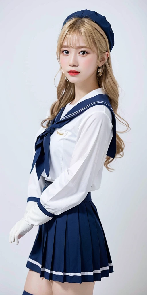 Close up, 1 girl, sailor, Tsukino Usagi, (sailor chiseki uniform:1.2), (aqua eyes:0.9), blonde hair, medium hair, wedge skirt, best quality, earrings, masterpiece, high resolution, intricate details, (realistic)), photography, (white elbow gloves:1.1), jewelry, medium breasts, full body, dynamic background, dynamic pose, white
