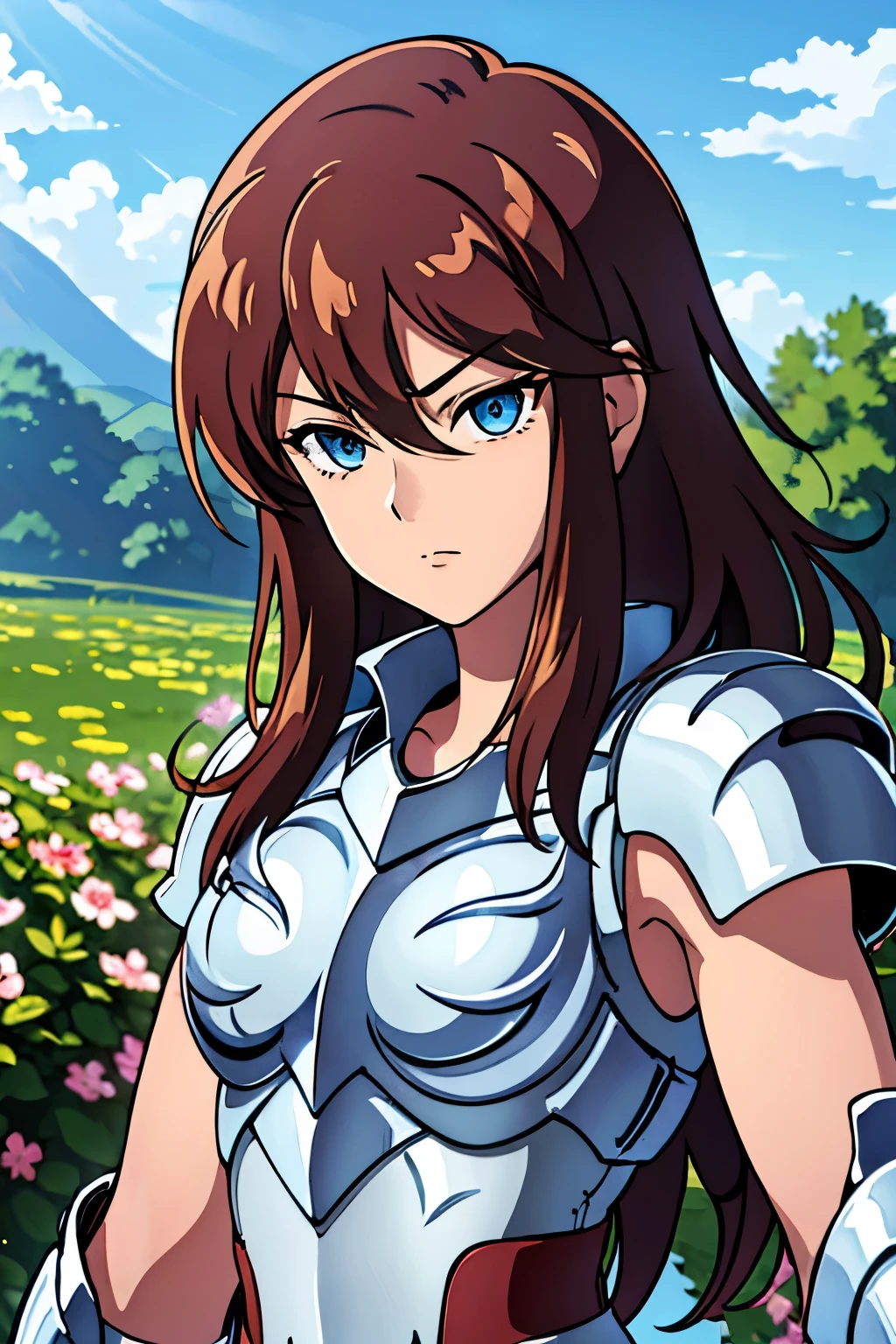 (high-quality, breathtaking),(expressive eyes, perfect face) portrait, Symmetrical Eyes, 1girl, solo, dark brown hair color, blue eyes, feminine face, soft smile, armor, saint seiya cygnus armor, fingerless gloves, medium breastplate, pauldrons, outdoors, ice, medium hair length, wavy hair, Cordelia fe, Aiue Oka art Style
