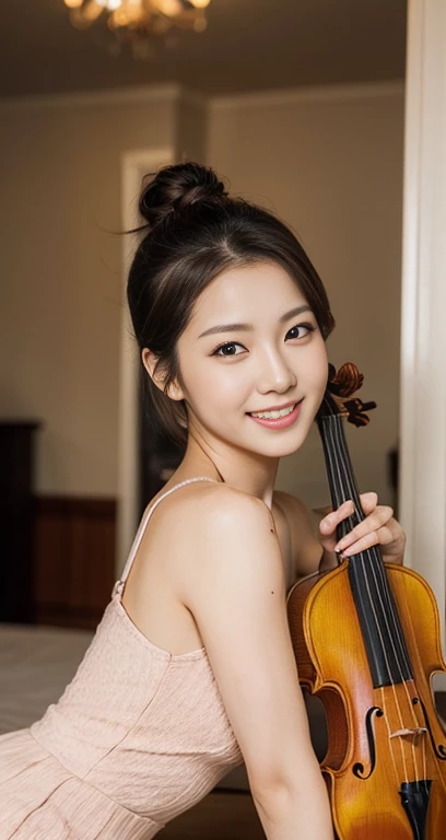 (a gorgeous korean lady, age 28, posing with a violin, wearing a pink princresscore dress, in a cosy room. she has dimpled cheeks, kind friendly smile, cute snaggle-tooth, short_hair_ponytail, realistic symmetrical face, beautiful detailed face, beautiful detailed eyes, ample_round_bosom, photorealistic, hyper-realism, high contrast, ultra HD, realistic skin textures, top image quality, top-quality, super high resolution, fine details, very meticulously, masterpiece, head_to_knees, the_Cowboy_shot, romantic_vibes, bokeh_background, serene_ambience) #CanonInD