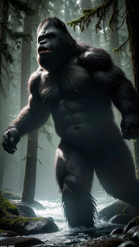 In the misty depths of the Pacific Northwest forest, a giant Sasquatch emerges from the shadows. Its muscular frame is covered in thick, dark fur, and its intense gaze seems to pierce through the fog. It lets out a deep, guttural growl that echoes through the trees, establishing its dominance over the wilderness