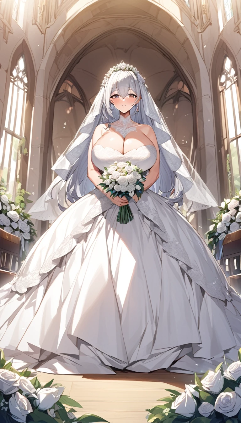 Girl with huge breasts wearing a wedding dress with a huge neckline ,with veil and bouquet at the altar