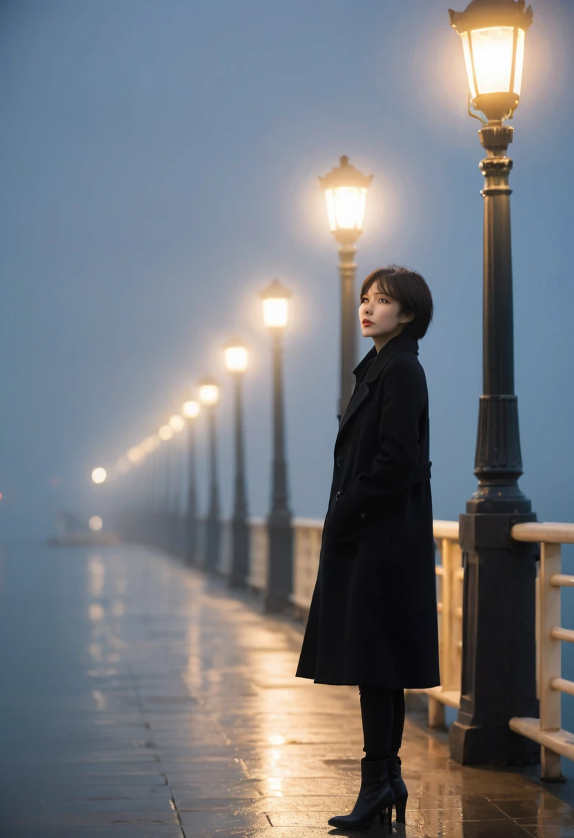 Korean woman,Short hair, black coat, cool,rain,blur,Fog,middle,cool,boring,,pier,only,Coast, The dim light shines in the Fog,and the figure stands in the Fog holding , Street lamp , 
