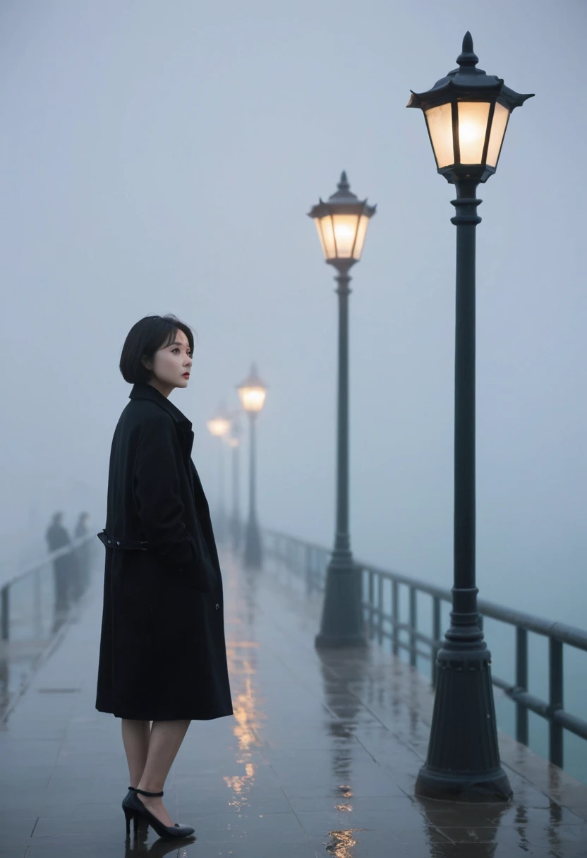 Korean woman,Short hair, black coat, cool,rain,blur,Fog,middle,cool,boring,,pier,only,Coast, The dim light shines in the Fog,and the figure stands in the Fog holding , Street lamp ,