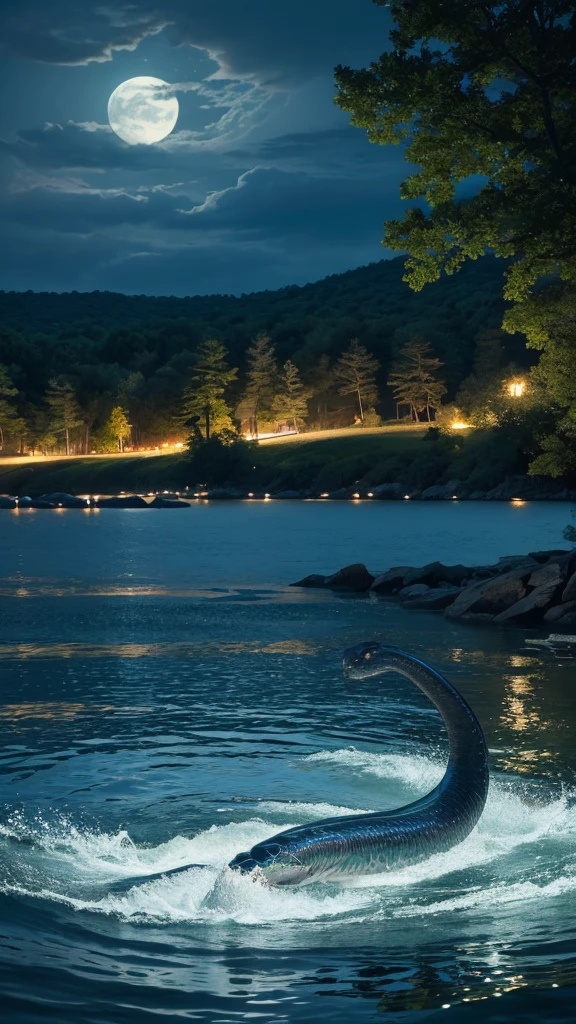 In the tranquil waters of Lake Champlain, the massive, serpentine body of Champ surfaces. Its scaled skin reflects the moonlight, and its long neck arches gracefully above the water. Its eyes shine with an ancient, otherworldly wisdom, and its powerful tail creates ripples that disturb the calm surface of the lake.