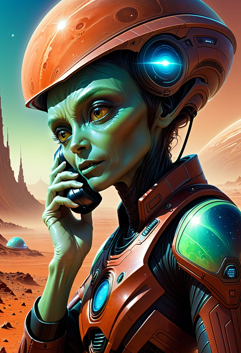 call from mars, an alien on the phone, 8k, hyper detailed, futuristic, marc simonetti