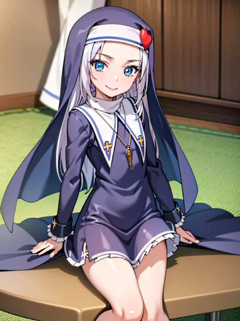 (best quality:1.1), (masterpiece:1.4), (absurdres:1.0), portrait, close-up,
1girl, takayama maria, silver hair, flat chest, blue eyes, long hair, nun, looking at viewer, classroom, smile,