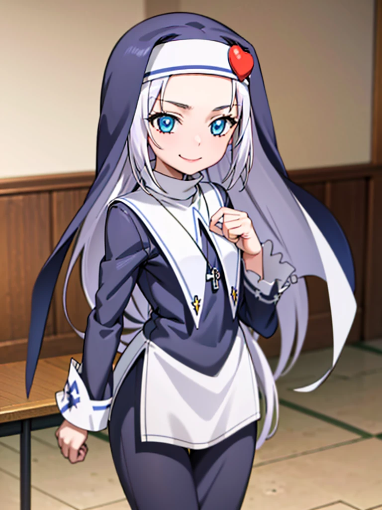 (best quality:1.1), (masterpiece:1.4), (absurdres:1.0), portrait, close-up,
1girl, takayama maria, silver hair, flat chest, blue eyes, long hair, nun, looking at viewer, classroom, smile,