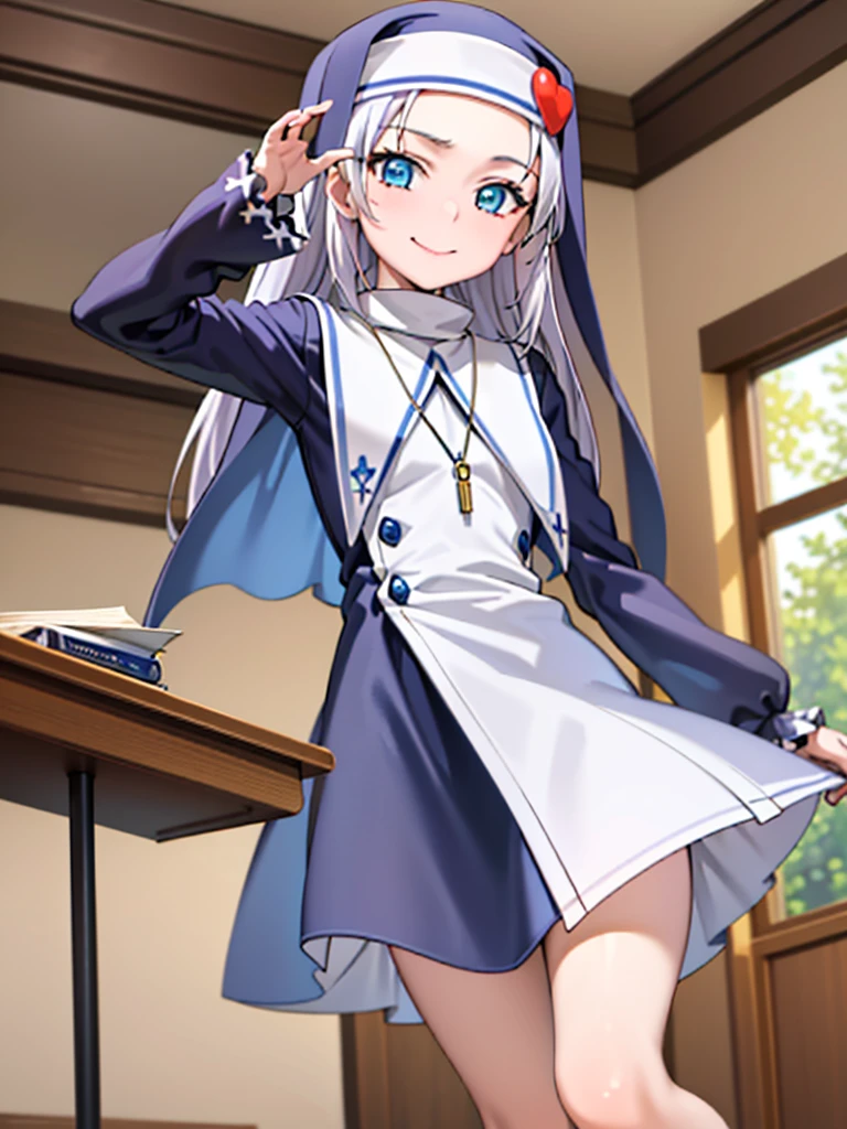 (best quality:1.1), (masterpiece:1.4), (absurdres:1.0), portrait, close-up,
1girl, takayama maria, silver hair, flat chest, blue eyes, long hair, nun, looking at viewer, classroom, smile,