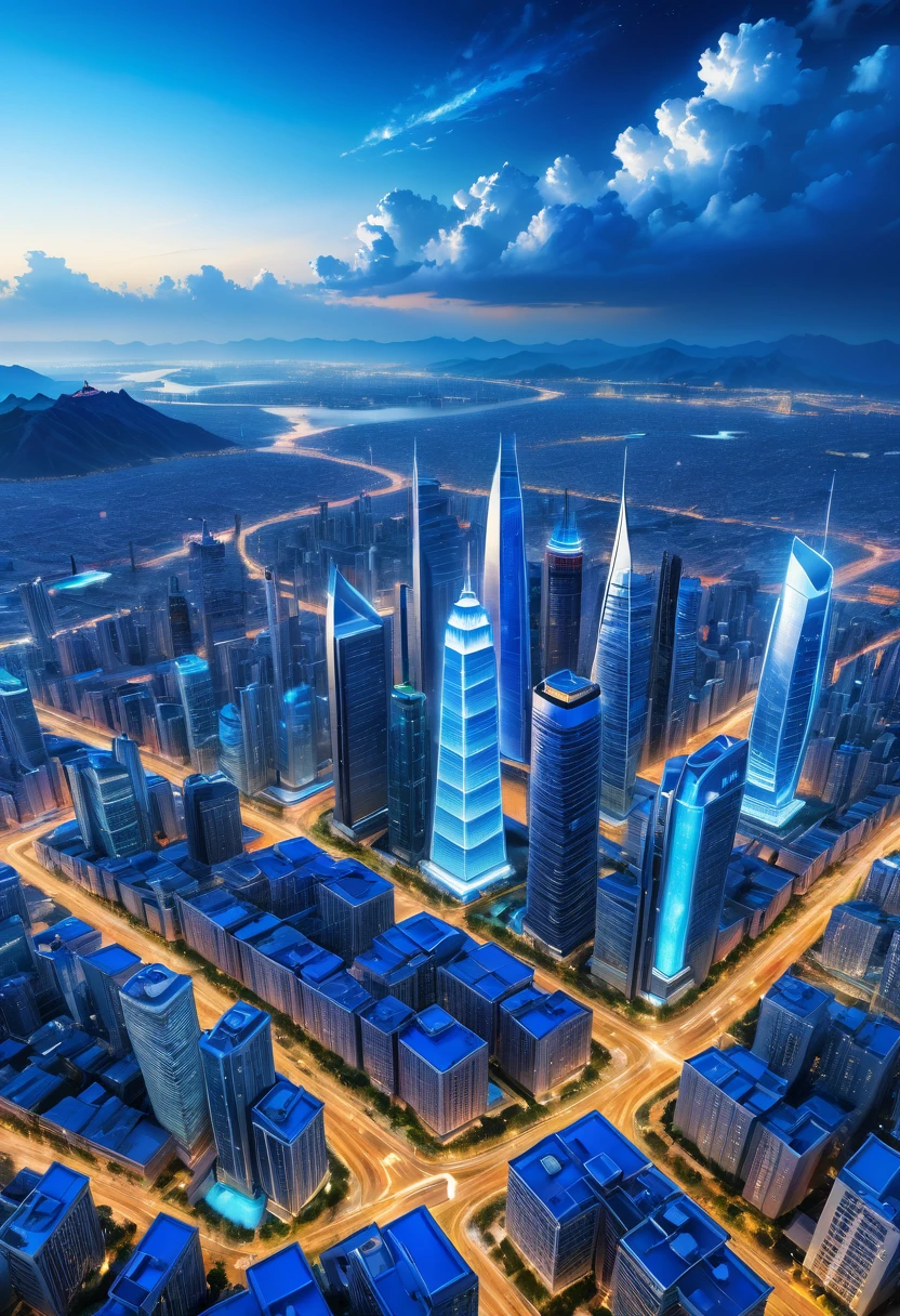 sky blue, sky city, blue lighting, HDR, 4k resolution, (painting realistic : 1.3), (ultra high resolution: 1.0 ), (((best quality, 8 thousand, masterpiece:1.4))
