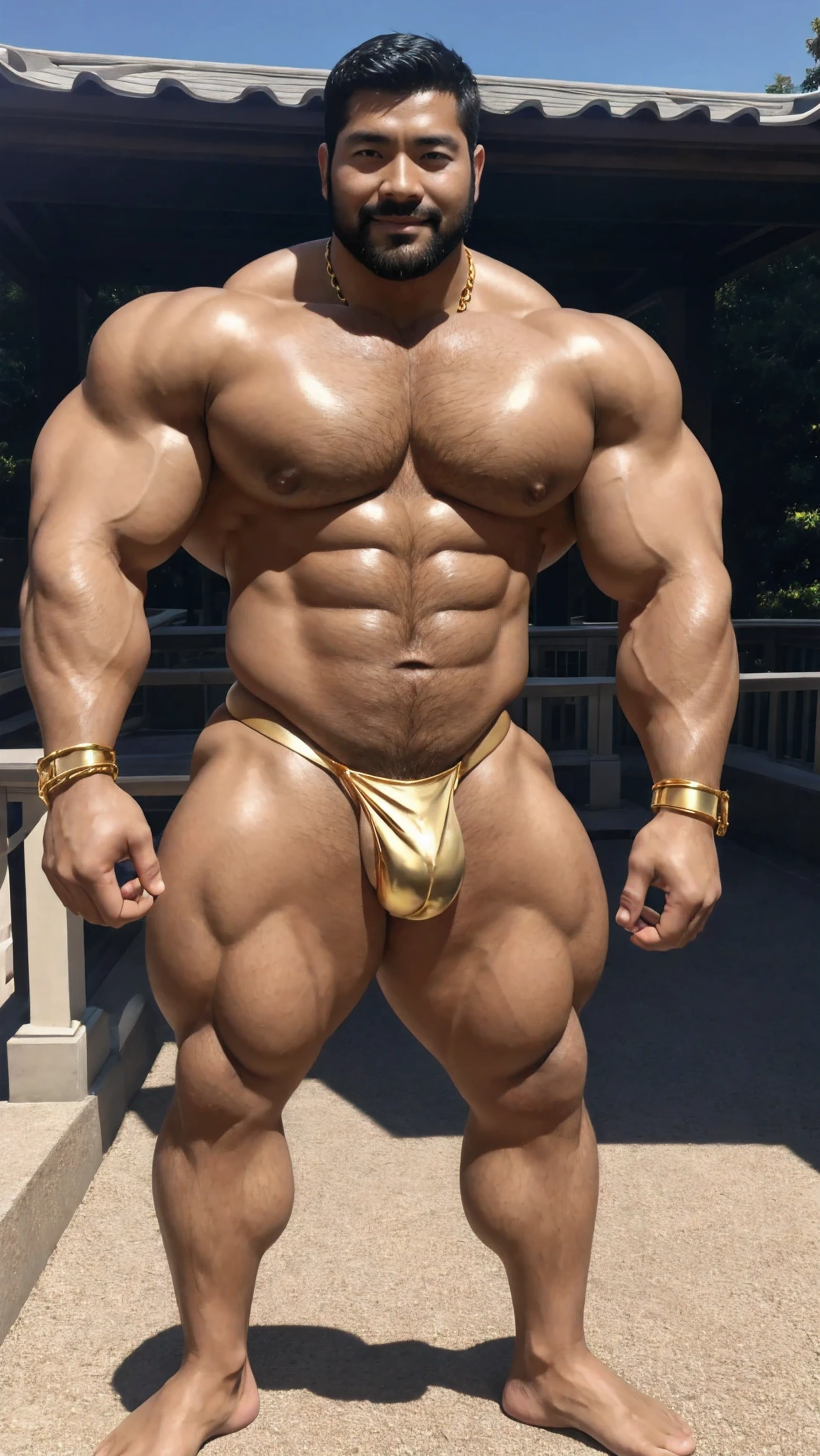 There is only one handsome Asian actor in the photo,35 years old,High target, Fitness,Smooth body,Smooth skin,No chest hair,short hair, O-Shaped Beard,Perfect body, Dark skin color,Radiant Skin,Smooth skin,Shiny, shiny skin,Smooth pectoral muscles,Muscle bulge, muscular, Very large pectoral muscles,Very sexy abdominal muscles,Very well-developed leg muscles,Huge concave and convex area,Brightens oily skin,Wearing a shiny gold leather thong,Handsome face,Normal human toes,Correct and accurate male body proportions,Gold Collar,Gold bracelet,Gold anklets,Disney Prince Style,dusk, Dynamic poses,Gradient sky, Gorgeous fantasy magic,Standing in front of the castle background。