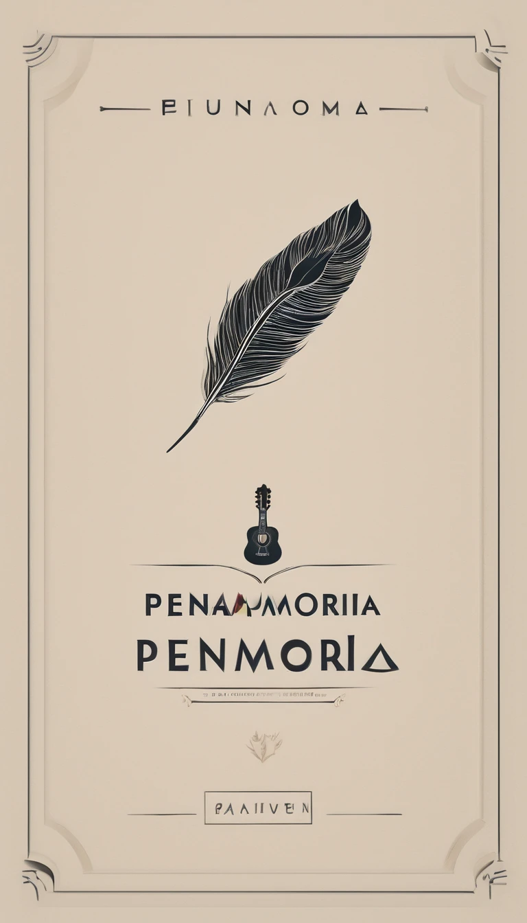 A minimal, modern, simple, cinematic logotype for the brand “Penamemoria". The logotype must be a simple, magical feather and a boy playing acoustic guitar. The logo must convey a sense of music, stories and dreams. Logo design impressed on a book cover. Minimalistic logo