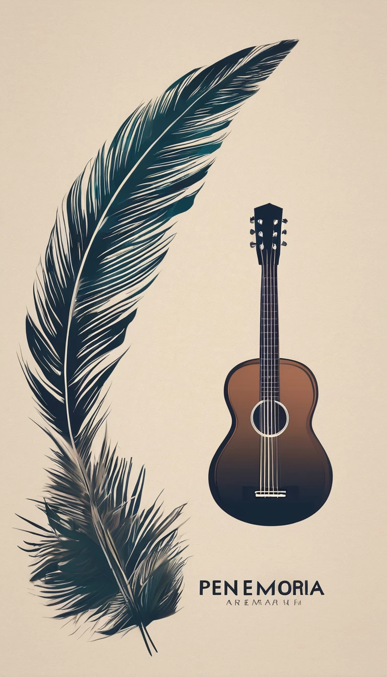 A minimal, modern, simple, cinematic logotype for the brand “Penamemoria". The logotype must be a simple, magical feather and a boy playing acoustic guitar. The logo must convey a sense of music, stories and dreams. Logo design impressed on a book cover. Minimalistic logo