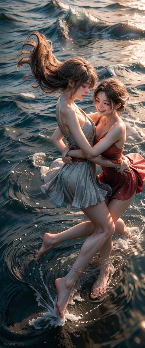 ((masterpiece, highest quality, Highest image quality, High resolution, photorealistic, Raw photo, 8K)), People Dancing on the Sea Surface, Two women in short dresses, Smiling, holding hands and dancing, Bare toes, In Dynamic Pose, Beautiful profile of a woman, Ripples spreading across the surface of the water, Angle from above,