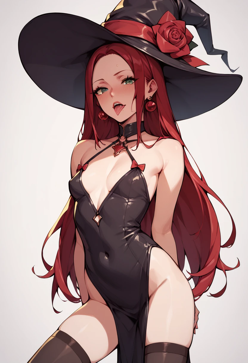 crimson, 1girl,sexy, desnudos,, small breasts, pechos grandes,hat, witch hat, solo, green eyes, red hair , sex hot,