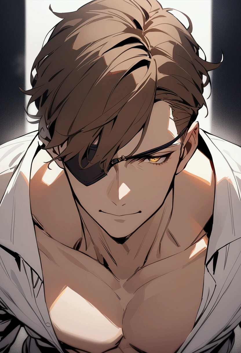 ((masterpiece)), ((best quality)), (from front), (head-shot:1.2), perfect anatomy, 1man, solo, adult man, brown hair, yellow eyes, one eye covered, eyepatch, white shirt, weak smile