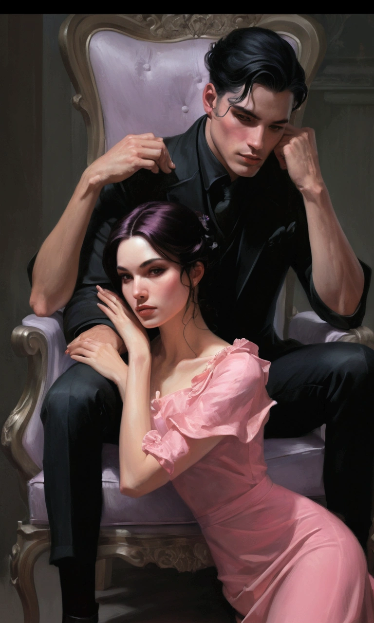 painting of a man and woman sitting on a chair in a room, romance novel cover, artwork in the style of guweiz, charlie bowater and tom bagshaw, style of charlie bowater, neoartcore and charlie bowater, charlie bowater and artgeem, tom bagshaw artstyle, artstyle tom bagshaw, by wlop