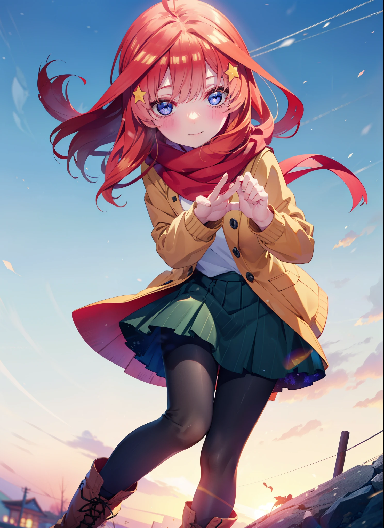 itsukinakano, itsuki nakano, bangs, blue eyes, Hair between the eyes, Ahoge, Redhead, star \(symbol\), hair ornaments, star hair ornaments,smile,Yellow scarf,red coat,White Tokkuri Sweater,Black long skirt,Black pantyhose,short boots,blush,White Breath,Close your mouth,It's snowing,It's snowing,Walking,whole bodyがイラストに入るように,
break outdoors, Snow Country,Residential Street,
break looking at viewer, whole body,
break (masterpiece:1.2), Highest quality, High resolution, unity 8k wallpaper, (figure:0.8), (Beautiful attention to detail:1.6), Highly detailed face, Perfect lighting, Highly detailed CG, (Perfect hands, Perfect Anatomy),