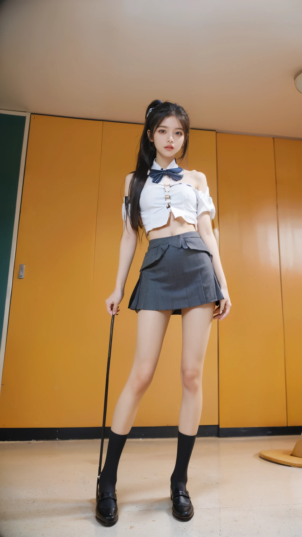 ((masterpiece)),(((最high quality))),(((((A full-body shot of a girl from floor height:1.8)))))，((Photograph the whole body from knee height:1.7)),((((((Stand up straight with your legs together:1.9))))))，((Thin thighs)),((Long legs)),(((Girl standing in a school classroom:1.5))),(((Micro Mini Skirt Uniform:1.6)))，((tall:1.6)),((Japanese high school girls wearing summer uniforms:1.8)),((Wearing a red checked tie)),Wearing a short-sleeved white shirt,The bra is clearly visible through the fabric，(Blue checked micro mini skirt:1.2),(16 years old:1.3),bangs,A small smile,((cute女の子))，Slender girl，Black Loafers，Short navy blue socks，cute,cute,Black hair ponytail，Thin legs，Slim model body shape，Very small waist，Small hips，long thighs，Thin thighs，Thin hands,Long hands，((((Photograph the whole body from below:1.7)))),((k-popのIVEのWONYOUNGにそっくりの女の子:1.9)),((Face your whole body straight ahead:1.8)),((tall:1.4)),(Stand with your legs straight and without bending your knees:1.7),((Stand up straight:1.7)),((Keep your hips facing forward:1.7)),The ankles are super thin,Beauty,Fine skin,Firm skin,引き締まったThin legsの肌を細部までリアルに再現,Super detailed, High detail, high quality, Awards,High resolution,(Anatomically correct:1.3),(8K,Raw photo,最high quality,masterpiece:1.5),(((Photographing a girl&#39;s whole body from below))),(((She is taking a photo alongside three other girls from her class.:1.5))),3人ともスリムでcute,((Stand up straight with your legs together:1.7)),((Stand up straight without bending your knees:1.7)),((Stand up straight with your feet shoulder-width apart:1.5)),((Stand up straight in a relaxed position:1.7)),(((Keep your spine straight:1.8))),((Face forward:1.2))