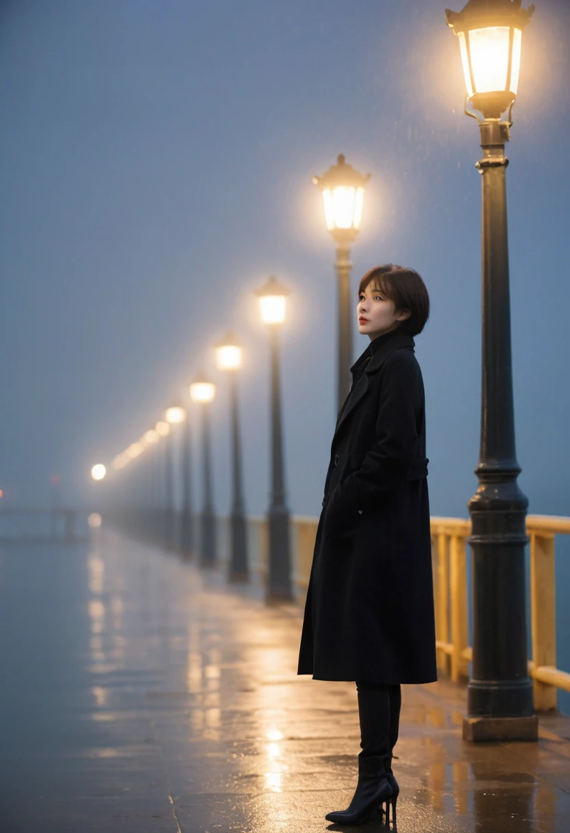 Korean woman,Short hair, black coat, cool,rain,blur,Fog,middle,cool,boring,,pier,only,Coast, The dim light shines in the Fog,and the figure stands in the Fog holding , under street lamp